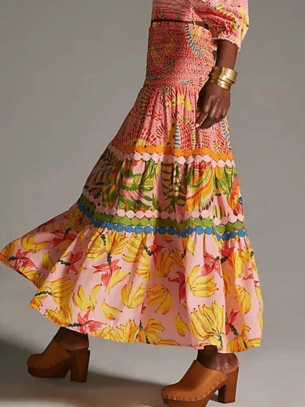 Farm Rio Mixed Pink Tropical Print Smocked Tiered Maxi Skirt size large